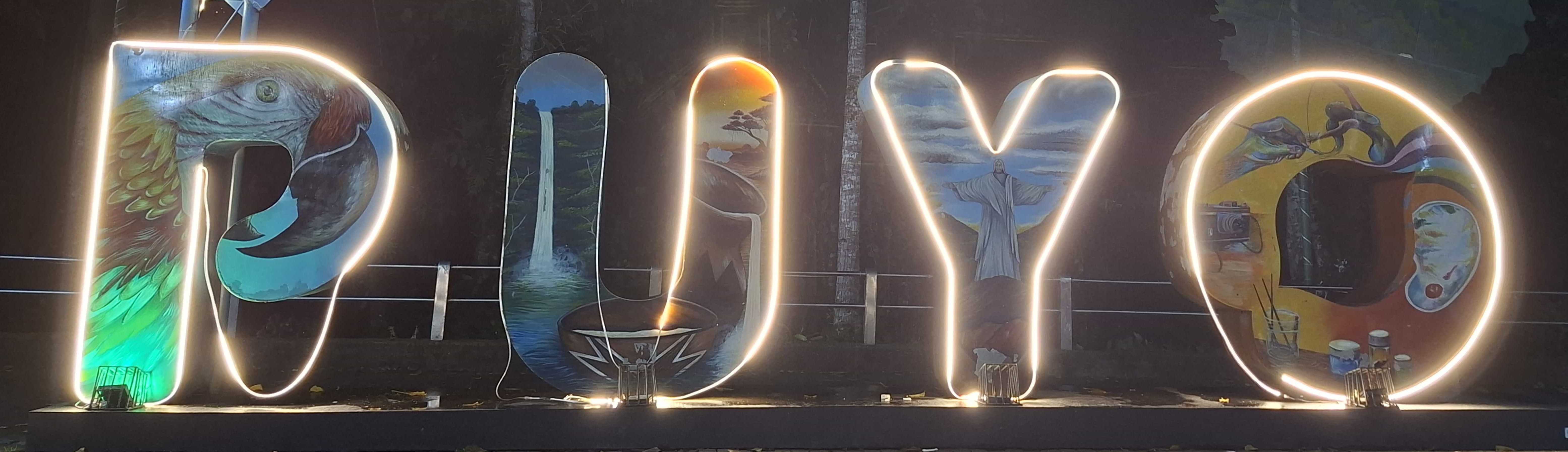 puyo-sign-at-night.jpg There are two city name signs, this one is at the Malecon, and the other is in the central park.