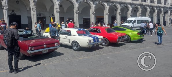 Car show for Mustangs in the Plaza de Armas